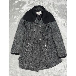 Guess Tweed Wool Belted Pea Coat Womens Small S Black White Button Jacket Y2K